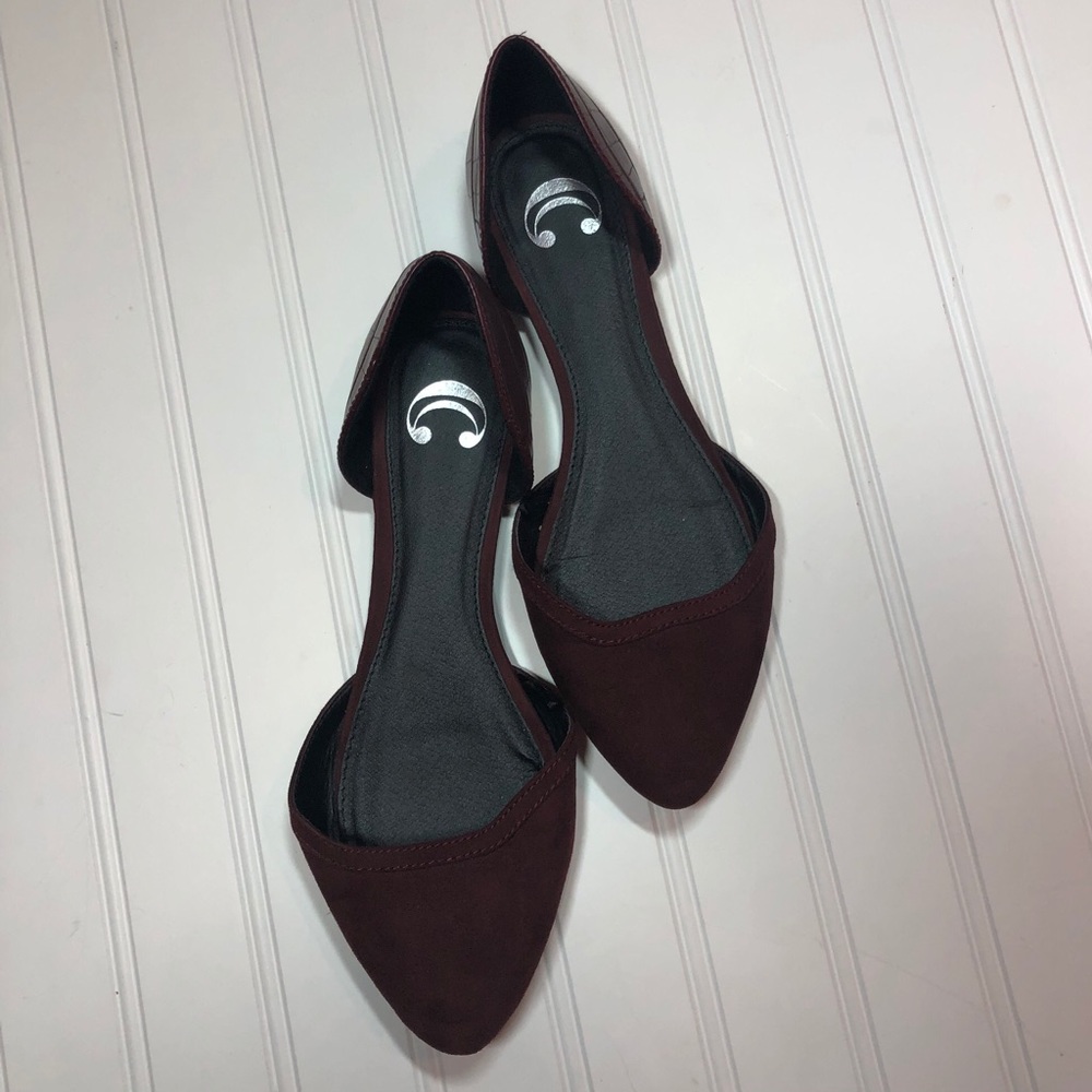 Wine Pointed Suede & Faux-Leather Flats